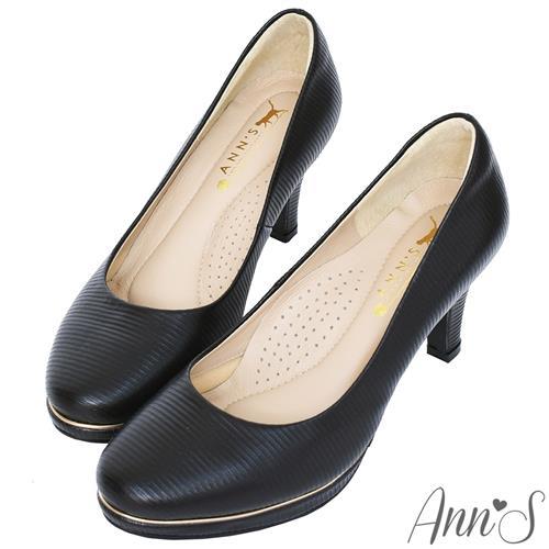 Ann’S美腿公式-小羊皮金色夾心防水台圓頭高跟鞋-黑