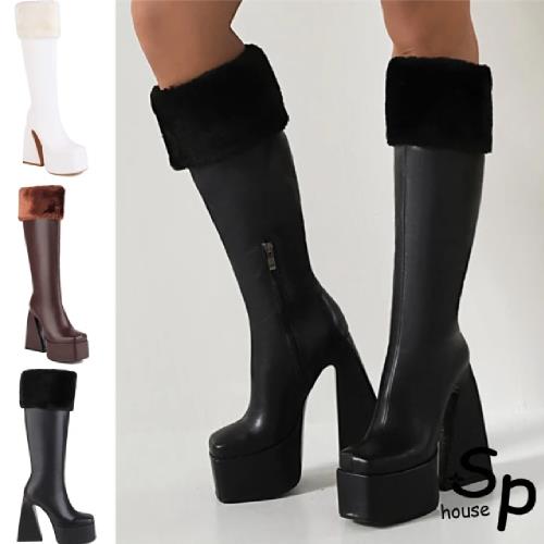           【Sp house】高雅仿馬毛厚底性感皮革及膝長靴(3色可選)                  