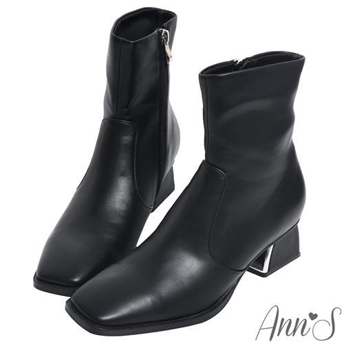 AnnS造型電鍍梯形粗跟方頭短靴-黑(版型偏小)