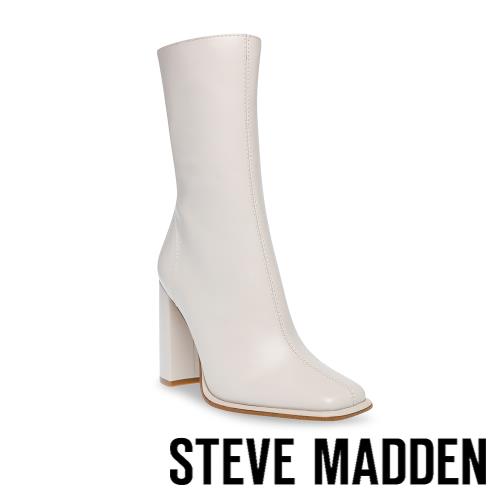 STEVE MADDEN-FOREMOST 皮質小方頭粗跟高筒靴-米白色