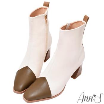 Ann’S高段位時尚-拼接色造型鞋根方頭短靴-棕米(版型偏小)