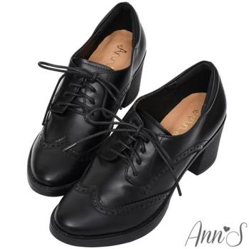 Ann’S英倫甜心2.0厚底-綁帶牛津雕花粗跟踝靴-黑