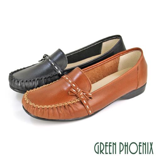 GREEN PHOENIX 女 莫卡辛 便鞋 蝴蝶結 蠟感牛皮 平底 台灣製U33-20903