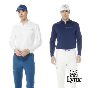 【Lynx Golf】男款吸排抗UV雙面組織菱格紋路LOGO織帶剪裁設計長袖立領POLO衫(二色)
