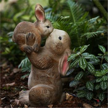 鄉村復古做舊可愛萌兔媽媽抱小兔子樹脂動物園藝擺飾