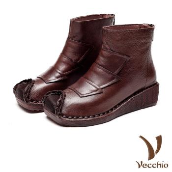 【VECCHIO】短靴 坡跟短靴/真皮頭層牛皮復古幾何時尚拼接坡跟短靴 棕