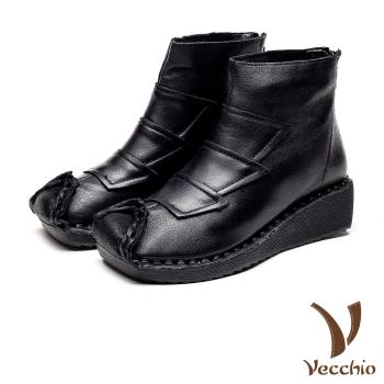 【VECCHIO】短靴 坡跟短靴/真皮頭層牛皮復古幾何時尚拼接坡跟短靴 黑