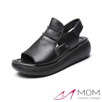 【MOM】涼鞋 魚口涼鞋/真皮時尚鬆糕厚底坡跟魔鬼粘魚口涼鞋 黑