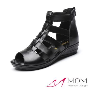【MOM】涼鞋 羅馬涼鞋/真皮時尚立體鉚釘個性坡跟羅馬涼鞋 黑
