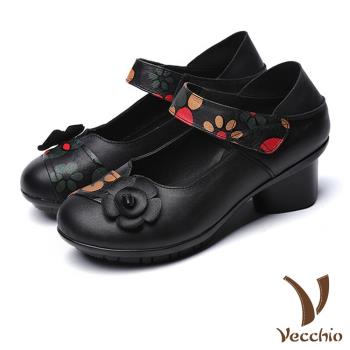 【VECCHIO】跟鞋 粗跟鞋/真皮古典民族風印花立體花朵造型魔鬼粘粗跟鞋 黑