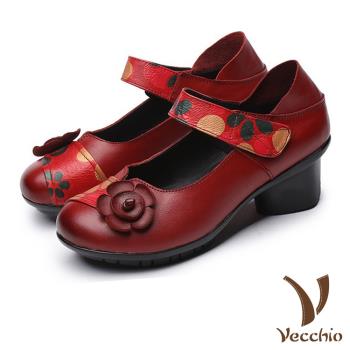 【VECCHIO】跟鞋 粗跟鞋/真皮古典民族風印花立體花朵造型魔鬼粘粗跟鞋 紅