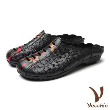 【VECCHIO】拖鞋 包頭拖鞋/真皮復古編織民族風印花拼接包頭拖鞋 黑