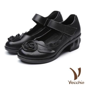 【VECCHIO】涼鞋 粗跟涼鞋/真皮手工立體花朵造型魔鬼粘粗跟涼鞋 黑