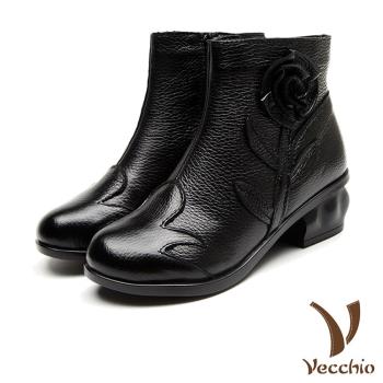 【VECCHIO】短靴 粗跟短靴/真皮手工立體花朵純色復古粗跟短靴 黑