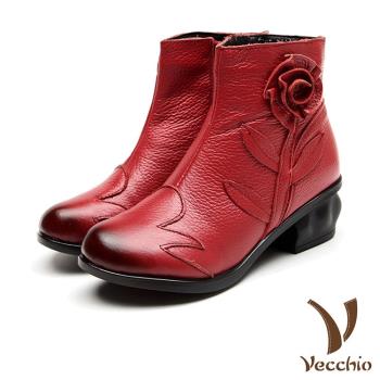 【VECCHIO】短靴 粗跟短靴/真皮手工立體花朵純色復古粗跟短靴 紅