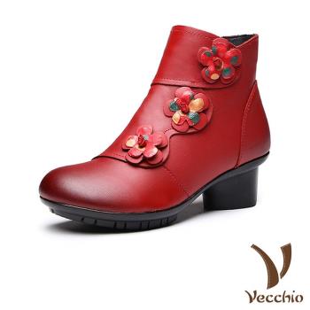 【VECCHIO】短靴 粗跟短靴/真皮復古民族風復古花朵圓釦造型粗跟短靴 紅