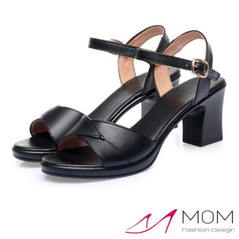 【MOM】涼鞋 粗跟涼鞋/真皮頭層牛皮優雅簡約純色拼接造型粗跟涼鞋 黑