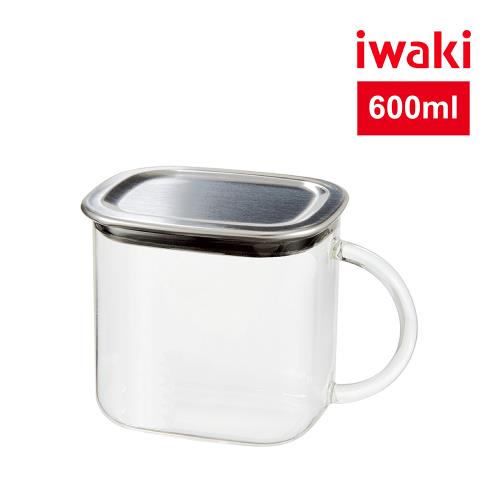 【日本iwaki】耐熱玻璃不銹鋼蓋方型把手調味罐/收納盒600ml