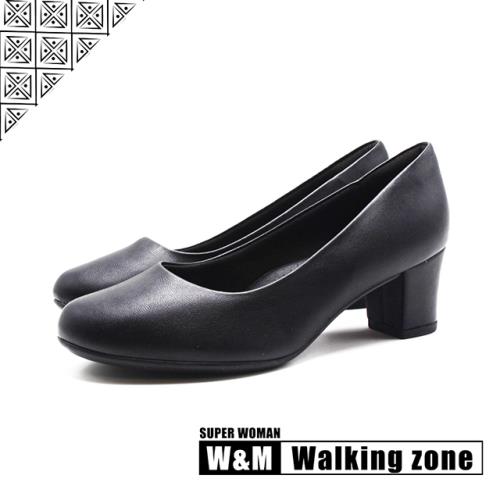 WALKING ZONE SUPER WOMAN系列 圓頭素面女仕中跟鞋 女鞋-黑