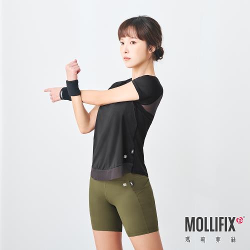 【小禎聯名設計】Mollifix 瑪莉菲絲 TRULY修身後網短袖訓練上衣 (黑)