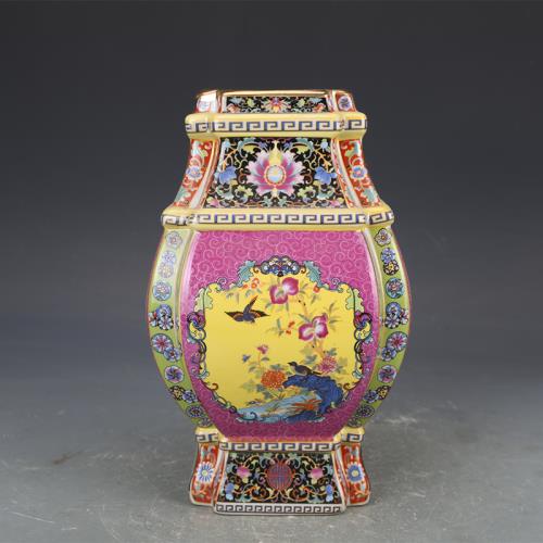 清乾隆黄地琺瑯彩花鳥四方花瓶 景徳鎮 陶磁器 装飾品 現代工芸品