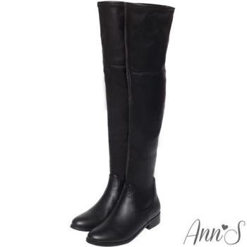 Ann’S貼腿版-激瘦素面平底彈力側拉鍊過膝靴-羊紋黑