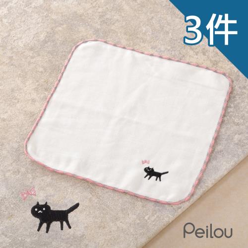 PEILOU 貝柔刺繡抑菌紗布小方巾-貓咪(3入組)