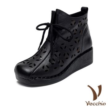 【VECCHIO】短靴 坡跟短靴/真皮頭層牛皮幾何縷空典雅復古繫帶坡跟短靴 黑