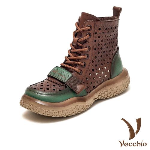 【VECCHIO】馬丁靴 真皮馬丁靴真皮頭層牛皮個性縷空魔鬼粘復古時尚造型馬丁靴 棕
