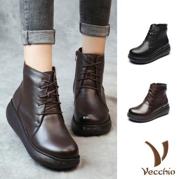 【VECCHIO】短靴 厚底短靴/真皮復古繫帶鬆糕厚底休閒短靴 (2色任選)