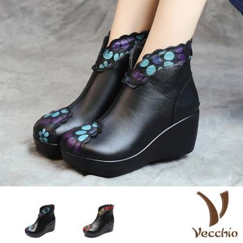 【VECCHIO】短靴 坡跟短靴/真皮繽紛彩色圓點印花復古坡跟花邊靴口短靴 (2色任選)