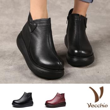 【VECCHIO】短靴 厚底短靴/真皮經典愛心拼貼復古厚底短靴 (2色任選)
