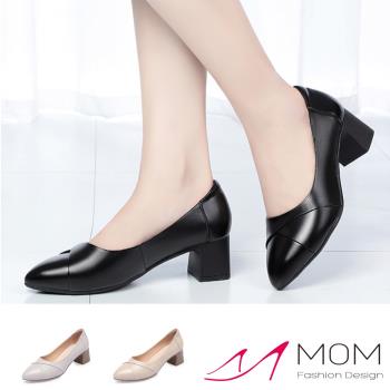 【MOM】跟鞋 粗跟鞋/真皮經典小尖頭純色折線造型粗跟鞋 (3色任選)