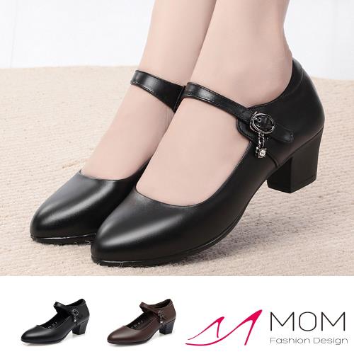 【MOM】娃娃鞋 粗跟娃娃鞋/真皮純色繫帶小尖頭軟底粗跟娃娃鞋 瑪莉珍鞋  (2色任選)