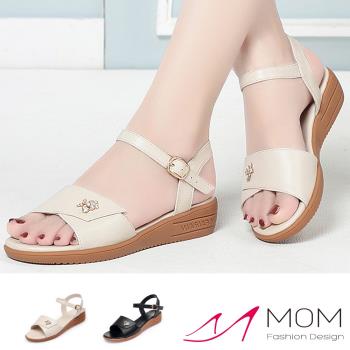 【MOM】涼鞋 坡跟涼鞋/真皮美鑽小花裝飾魚口坡跟涼鞋 (2色任選)