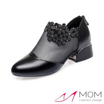 【MOM】踝靴 粗跟踝靴/真皮網紗拼接花朵燙鑽造型粗跟踝靴 黑