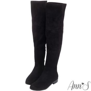 Ann’S正常版-素面平底彈力側拉鍊過膝靴-細絨黑