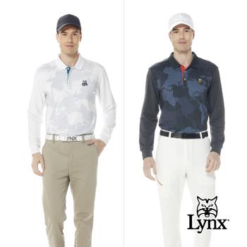【Lynx Golf】男款遠紅外線功能保暖右肩針織帶剪接地圖印花設計長袖POLO衫(二色)