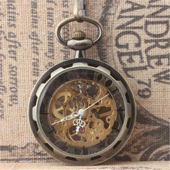 青銅色復古透明鏤空機械懷錶