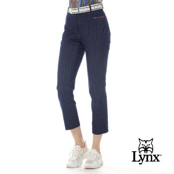 【Lynx Golf】女款混紡材質彈性舒適時尚直條紋星星系列繡花窄管九分褲-丈青色