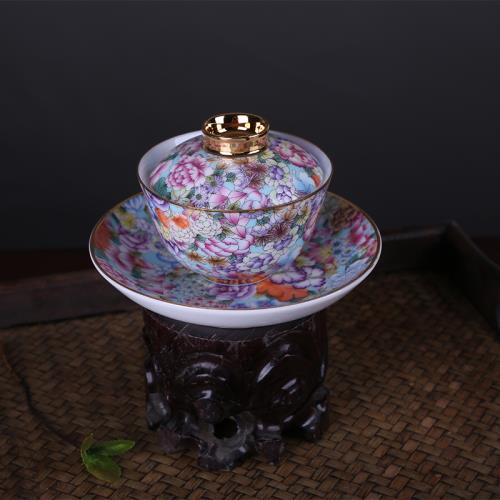 粉彩萬花茶杯茶盞蓋碗仿古瓷器150ml茶杯