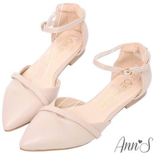 Ann’S柔美心動-造型斜帶顯瘦繞踝尖頭平底鞋-粉