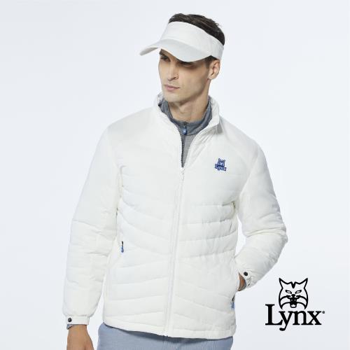 【Lynx Golf】男款吸濕排汗科技羽絨異材質剪裁設計長袖外套-白色