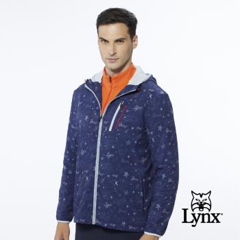 【Lynx Golf】男款吸排功能滿版星空印花內刷毛胸袋拉鍊長袖連帽外套-深藍色