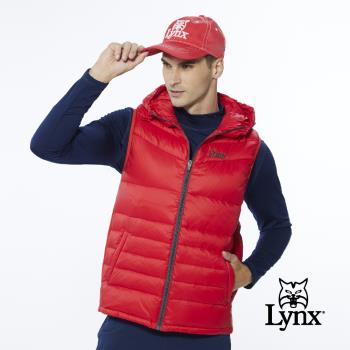 【Lynx Golf】男款保暖羽絨素面款脇邊羅紋設計無袖連帽背心(三色)