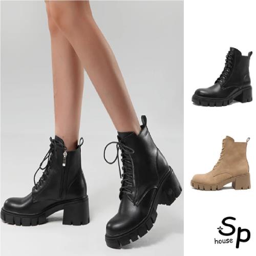           【Sp house】經典首選綁帶圓頭粗跟馬汀靴(2色可選)                  