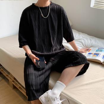 夏季原宿風垂感短袖T恤男生韓版潮流寬松純色短褲兩件套運動套裝