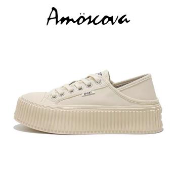 【Amoscova】女鞋 厚底餅乾鞋 松糕帆布鞋 增高小白鞋 休閒鞋 學生鞋(1665-F-12)