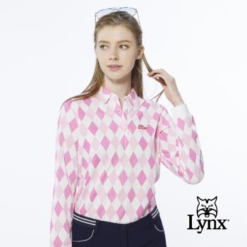 【Lynx Golf】女款吸濕排汗英倫風菱格直條印花長袖POLO衫/高爾夫球衫-粉紅色