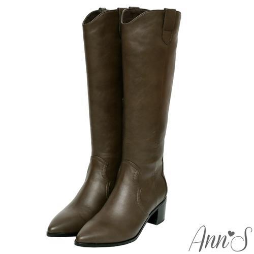 Ann’S窄版復古皮革-超修身V口顯瘦粗跟西部及膝長靴-可可